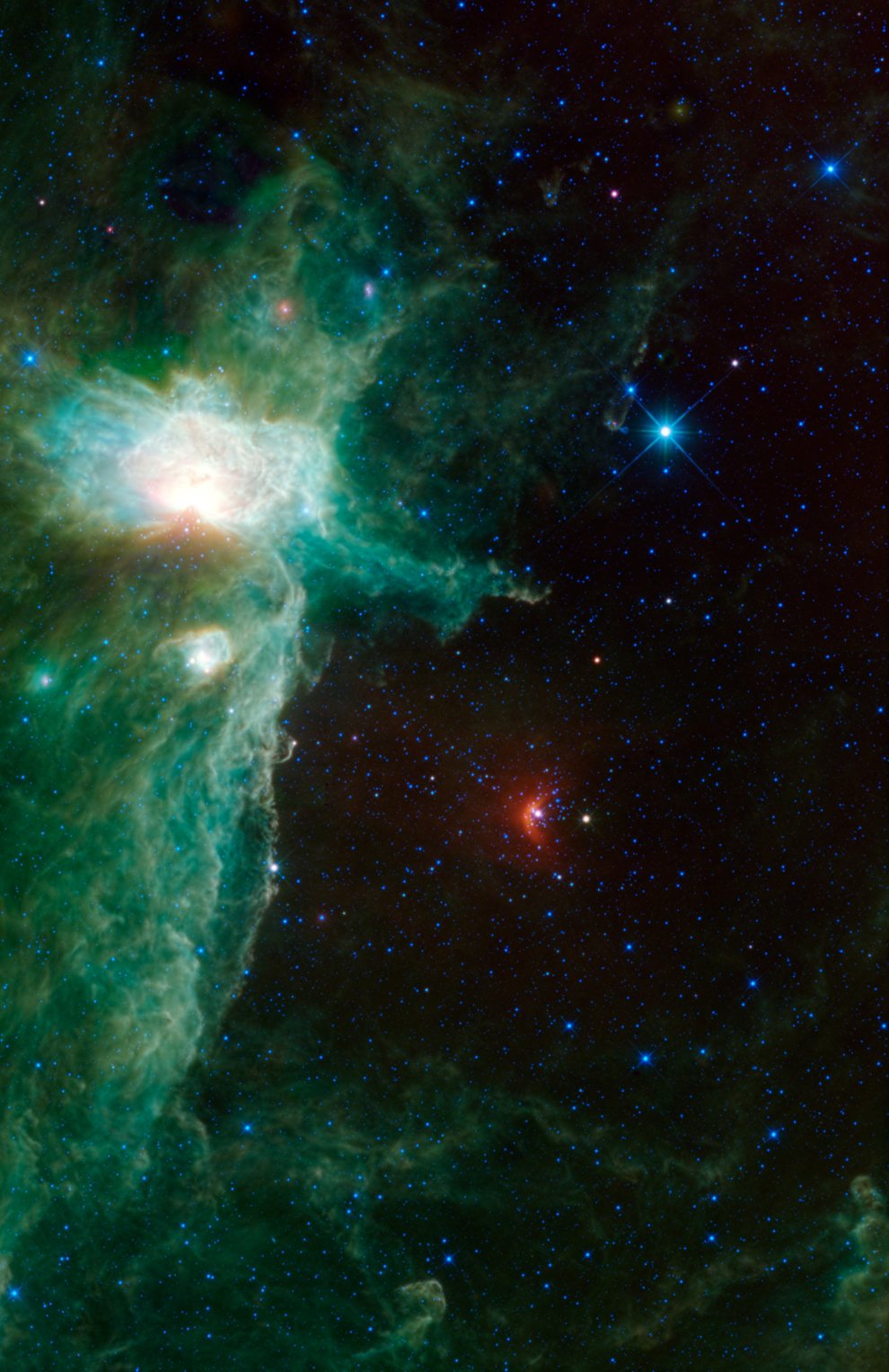 Flame+Horse Head+NGC2023 nebulae in Orion_far Infra-red_5July2012_Wide field Infrared Survey Explorer (WISE)_NASA_JPL_Caltech_990w