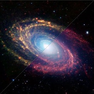 M81 spiral Galaxy, ir (top) optical (bottom) Red regions in arms represent emissions from dustier parts of galaxy where new stars are forming - Spitzer (infra-red) ST 19-12-2003_311w-312h