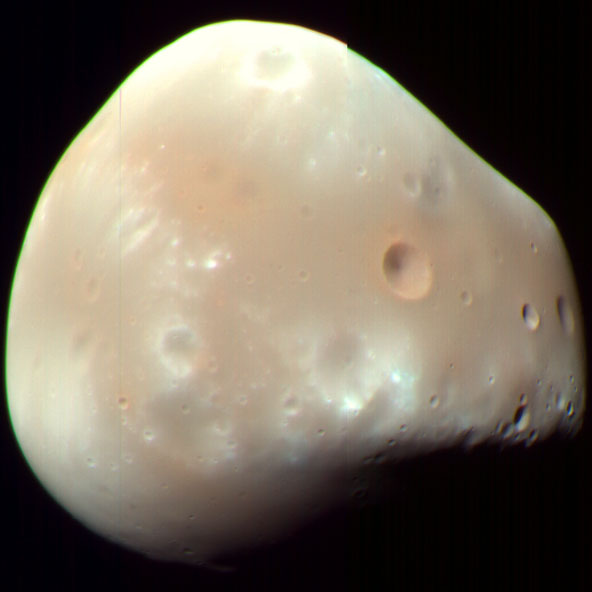 Mars - The moon Deimos 16 km long by 10 km wide prograde and synchronous orbit @23,459 km from CM 30 hrs 18 mins - Mars Reconnaissance Orbiter HiRISE true colour, 21 February 2008_Deimos-MRO_592