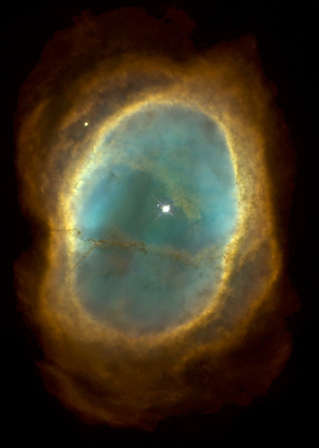 NGC3132 planetary nebula @2,000ly dia ~ ½ly Ring material (blu=hottest,red=coolest) recedes from tiny old (white-hot) carbon-rich star (left of unrelated bright star at centre)_STScl_AACHDCU0