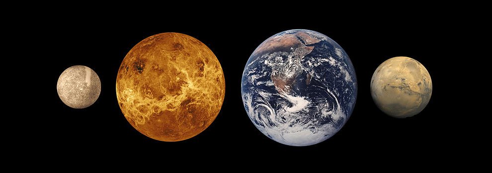 The Terrestrial planets compaired by size - Mercury, Venus, Earth and Mars
