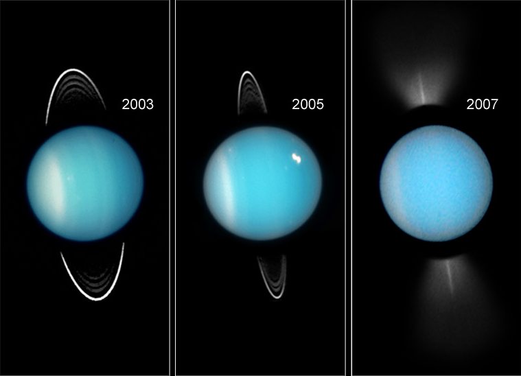 Uranus - Progressive tilt of rings, 2003, 2005, 2007 with South pole at left where equator lies directly below the rings - HST ACS-HRC WFPC2 14-07-2007 Near-infrared