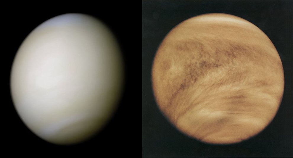 Venus - In true colour (left), ultraviolet (right) by Pioneer Venus 1 (20-05-1978) orbiter, to reveal detail of cloud vortices under the haze in 1979_990w