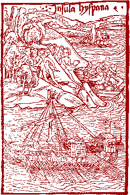 Woodcut. A Swiss print of 1493 - Naked Indians cower as Spaniards row ashore
from their galley
